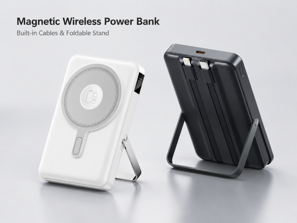 Magnetic Wireless Power Bank with Built-in Cables and Foldable Stand